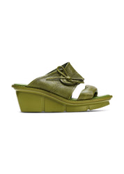 Green leather platform heel shoes with buckle and knot