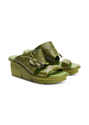 Green leather platform heel shoes with buckle and knot