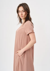 Short sleeve dress in fabric with pink ribbon combination