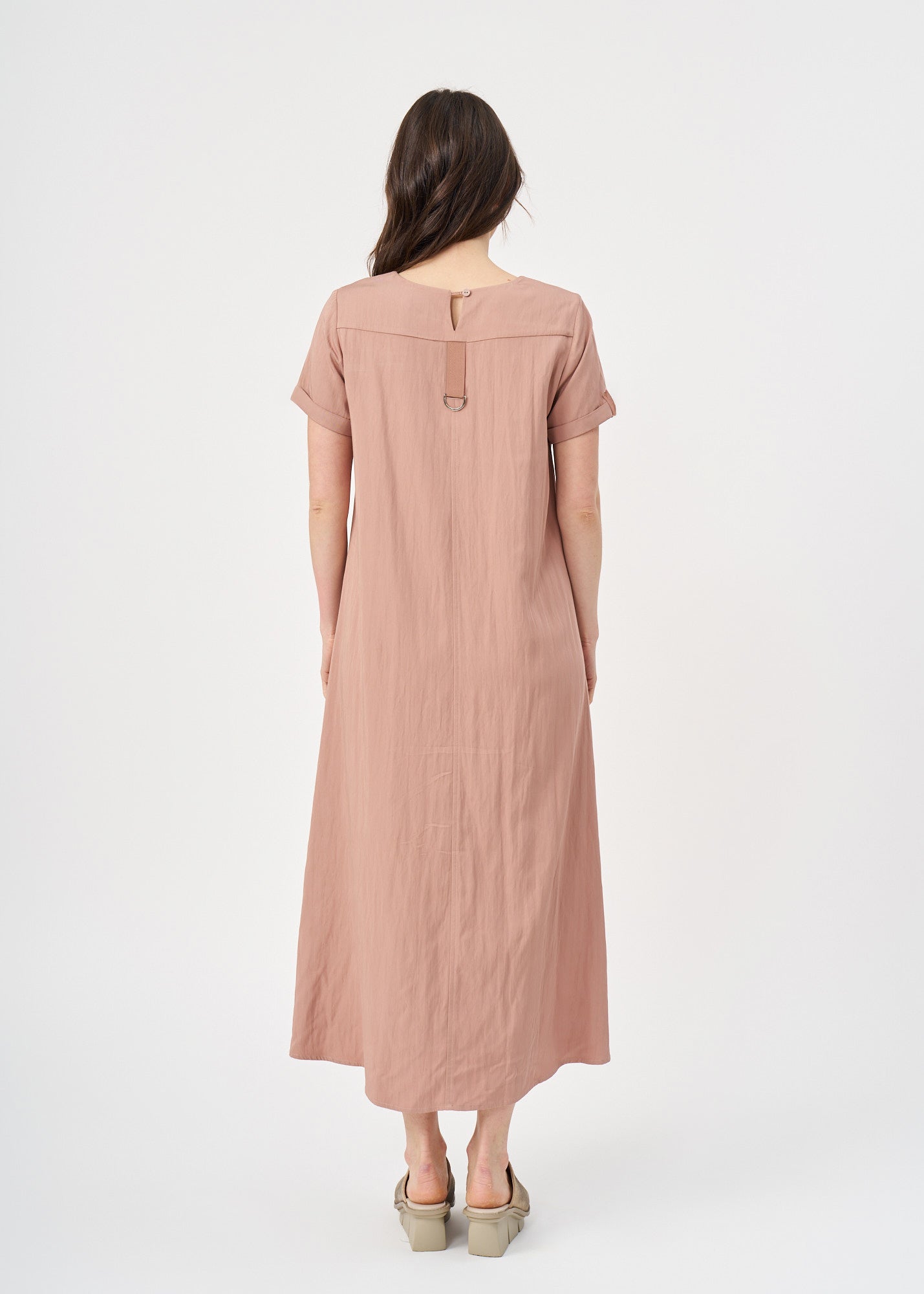 Short sleeve dress in fabric with pink ribbon combination