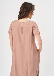 Short sleeve dress in fabric with pink ribbon combination