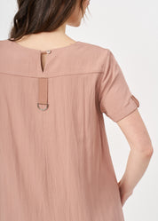 Short sleeve dress in fabric with pink ribbon combination