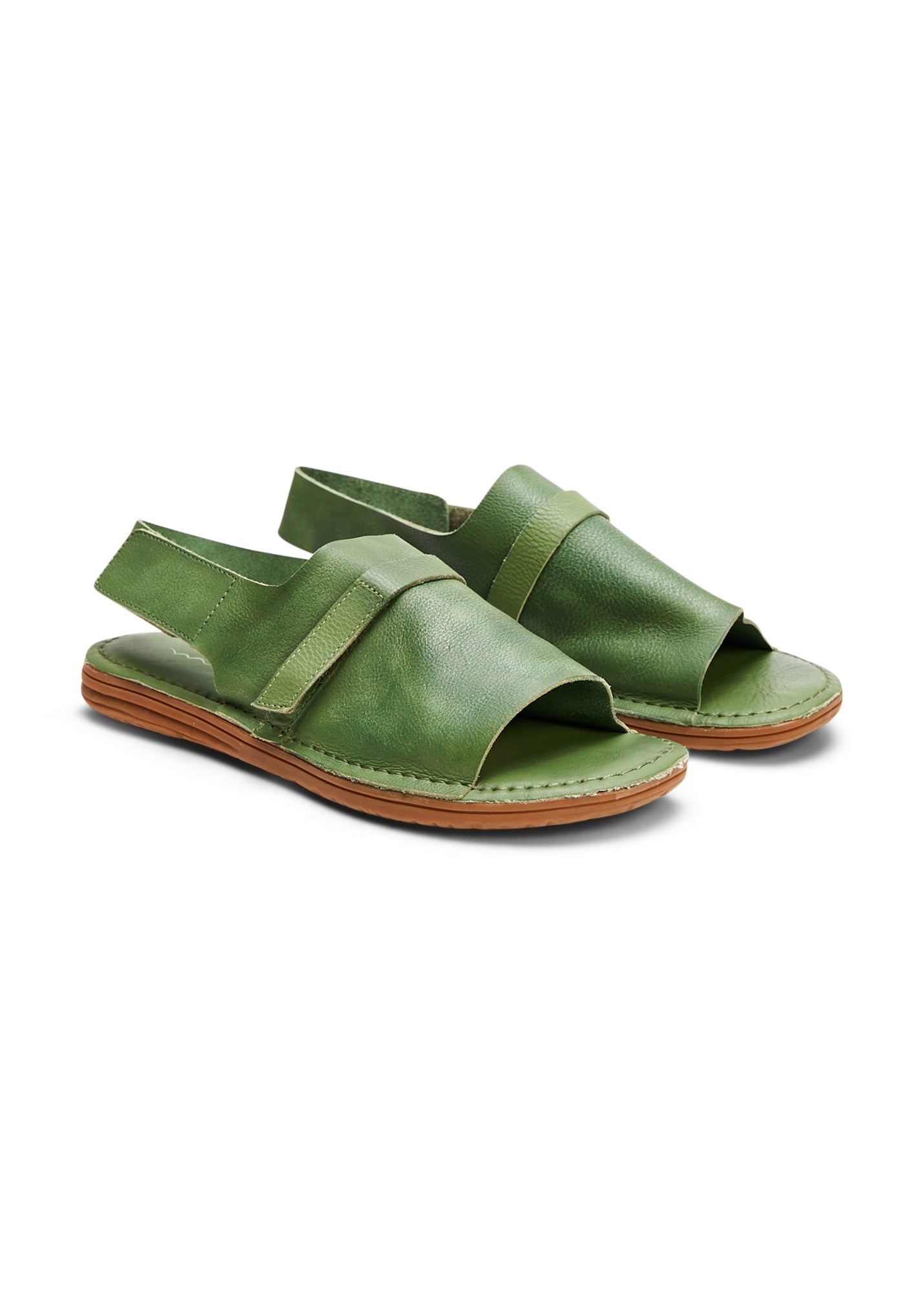 Flat leather comfort sandals with green top stripe