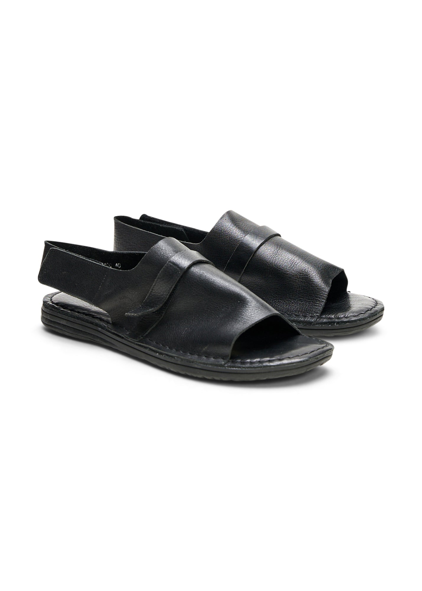 Black top stripe flat leather comfort sandals