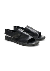 Black top stripe flat leather comfort sandals