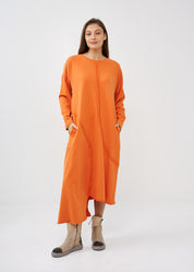 Long sleeve dress with external seams, orange