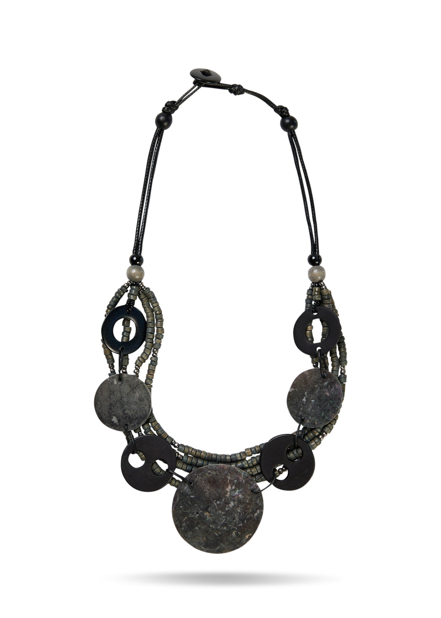 שרשרת שורות חרוזים ודסקיות קוקוס גדולה אפור