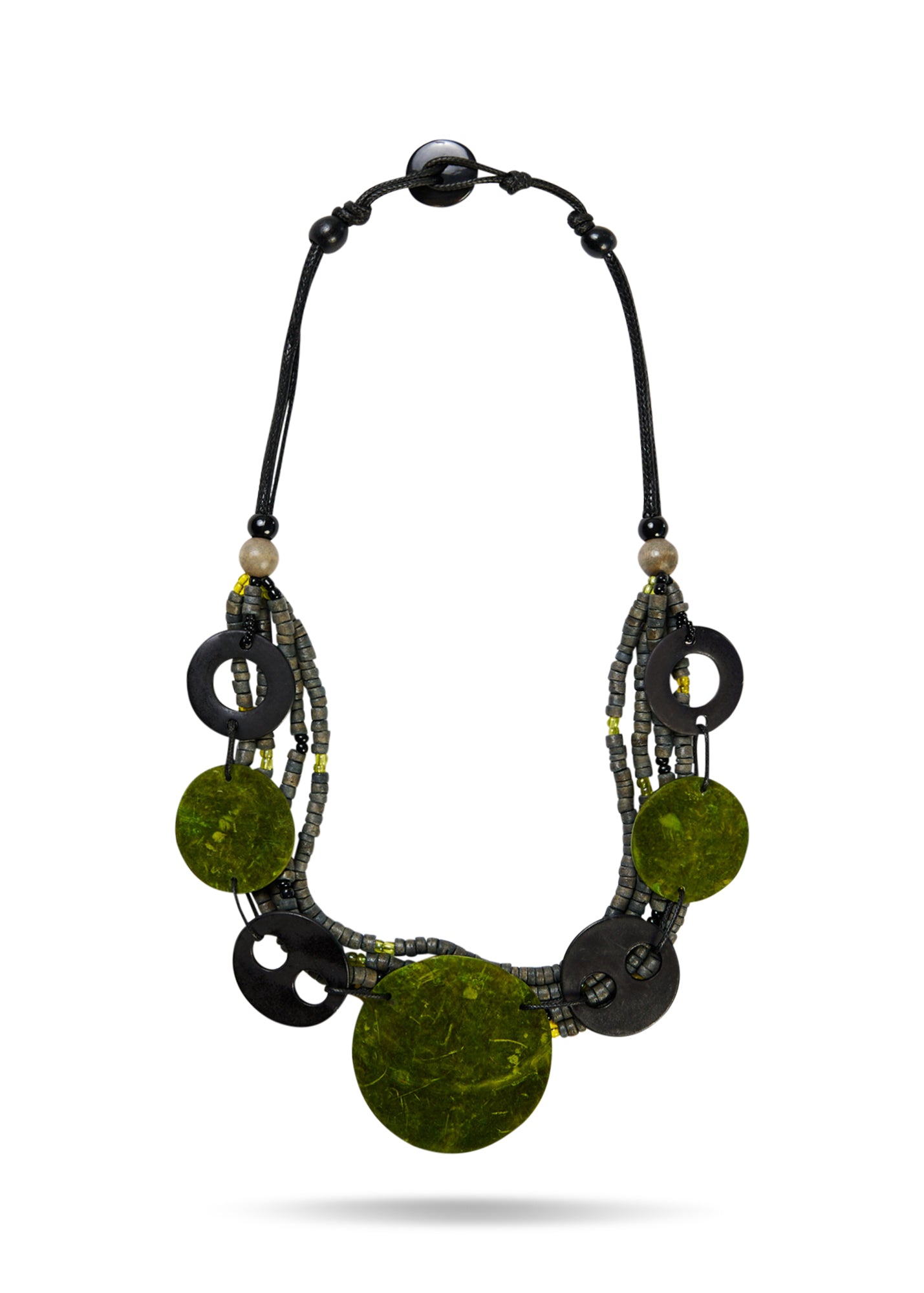 שרשרת שורות חרוזים ודסקיות קוקוס גדולה ירוק