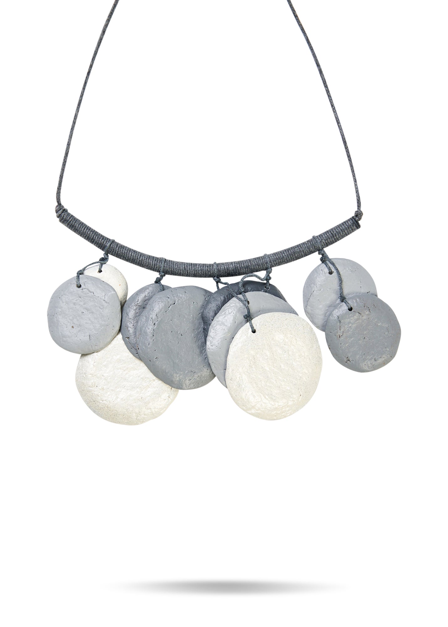 Handmade necklace with flat beads in various sizes, gray