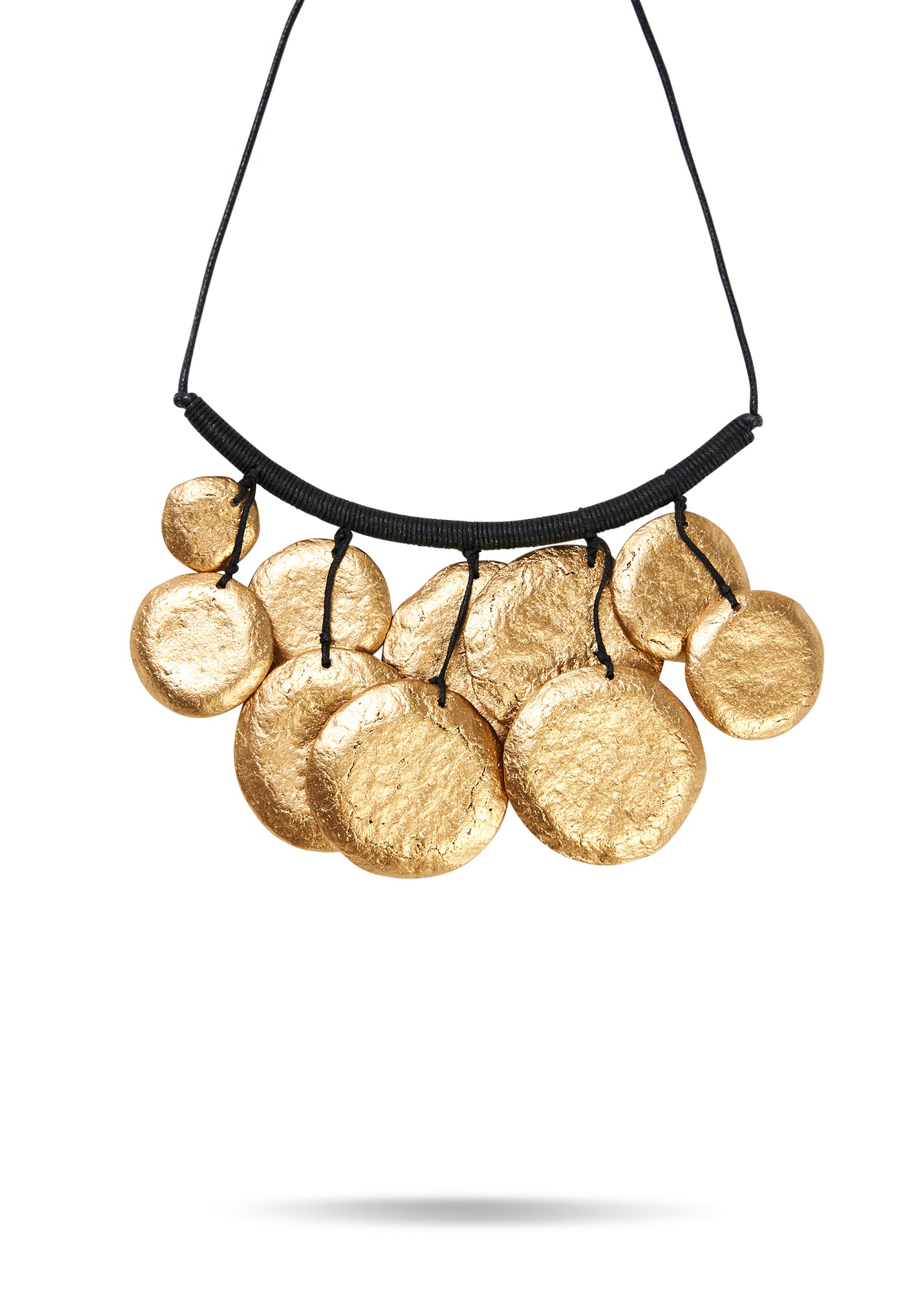 Handmade necklace with flat beads in various sizes, gold
