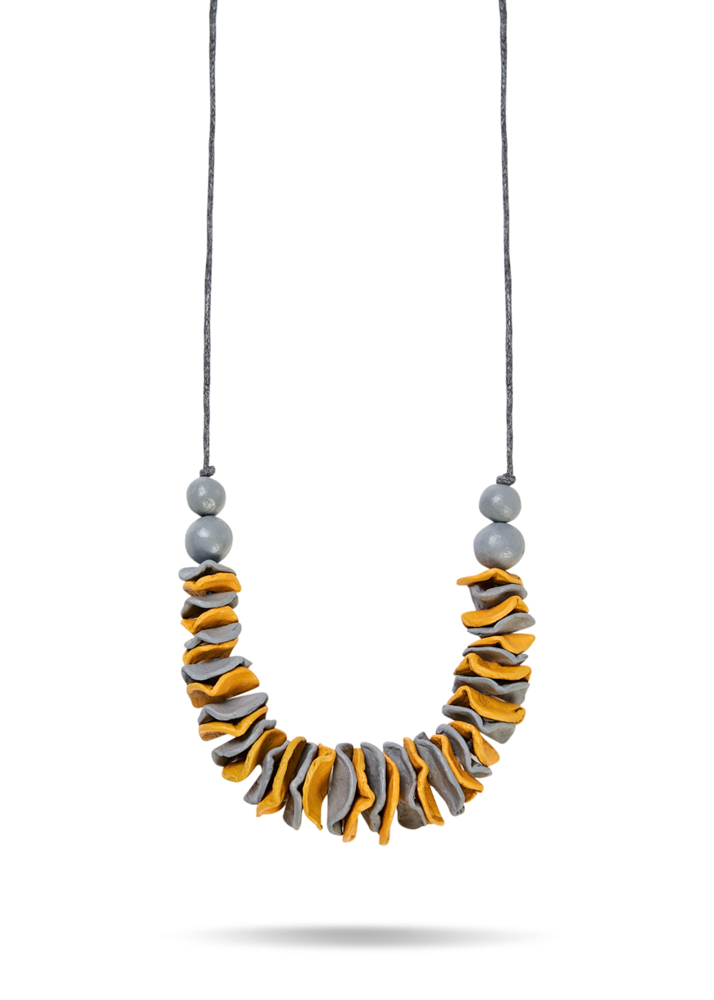 Paper mache necklace with yellow petal discs