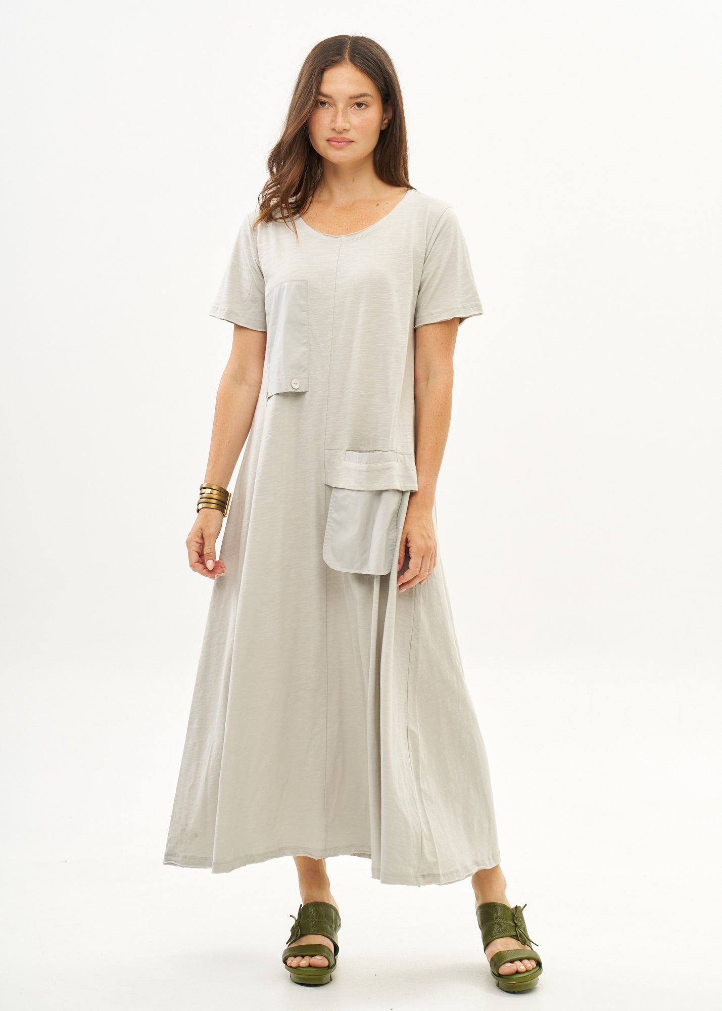 Light gray short sleeve dress with inverted pocket
