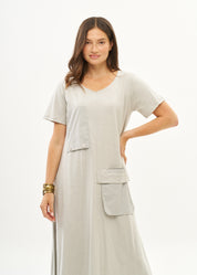 Light gray short sleeve dress with inverted pocket