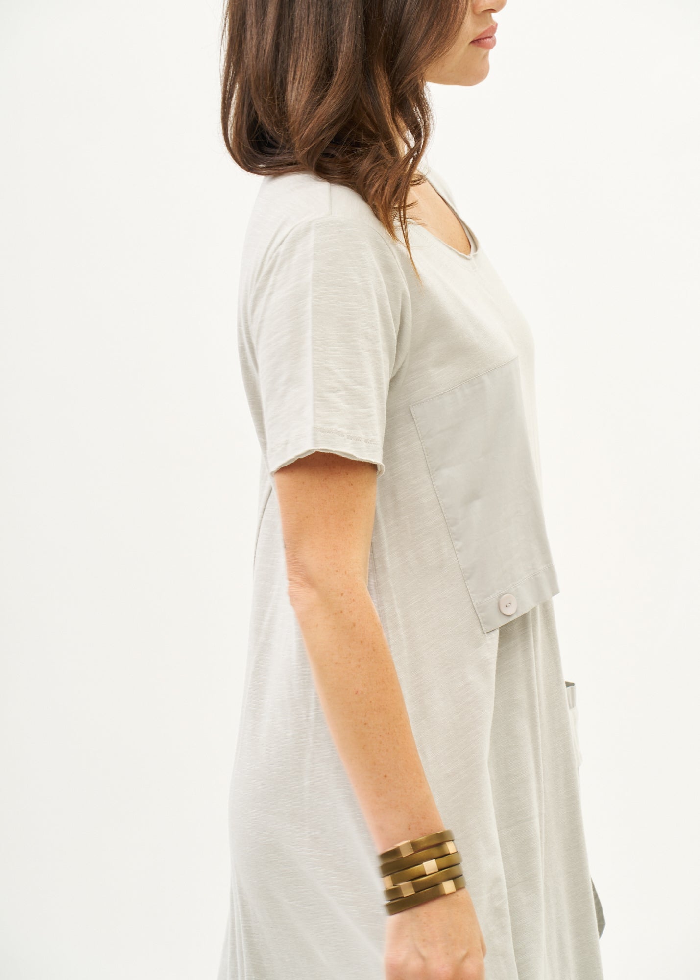 Light gray short sleeve dress with inverted pocket
