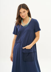 Dark blue short sleeve dress with inverted pocket