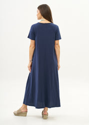 Dark blue short sleeve dress with inverted pocket