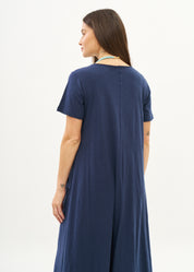 Dark blue short sleeve dress with inverted pocket