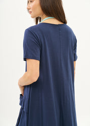 Dark blue short sleeve dress with inverted pocket