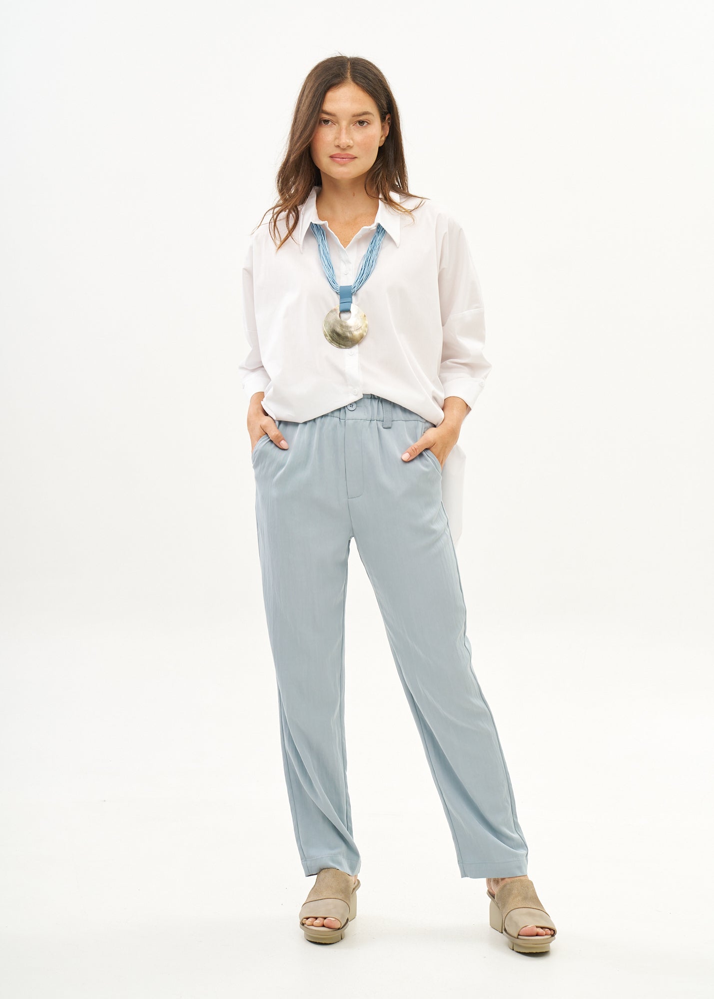 Light blue ribbon belted pants