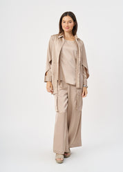 חולצה מכופתרת סאטן שרוולים פתוחים חום