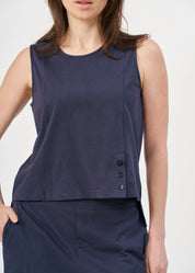 Blue jersey tank top with slit in the hem