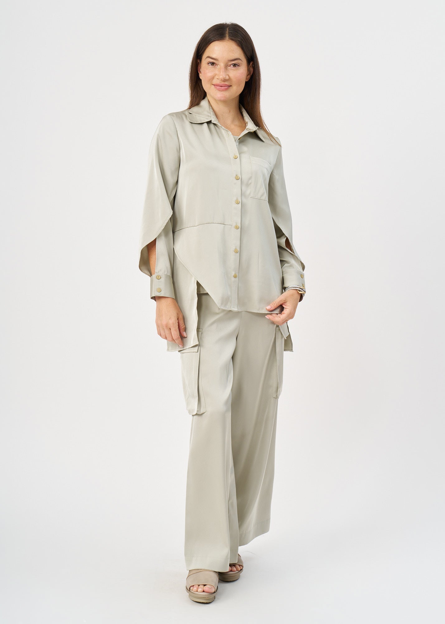 Green satin button-down shirt with open sleeves