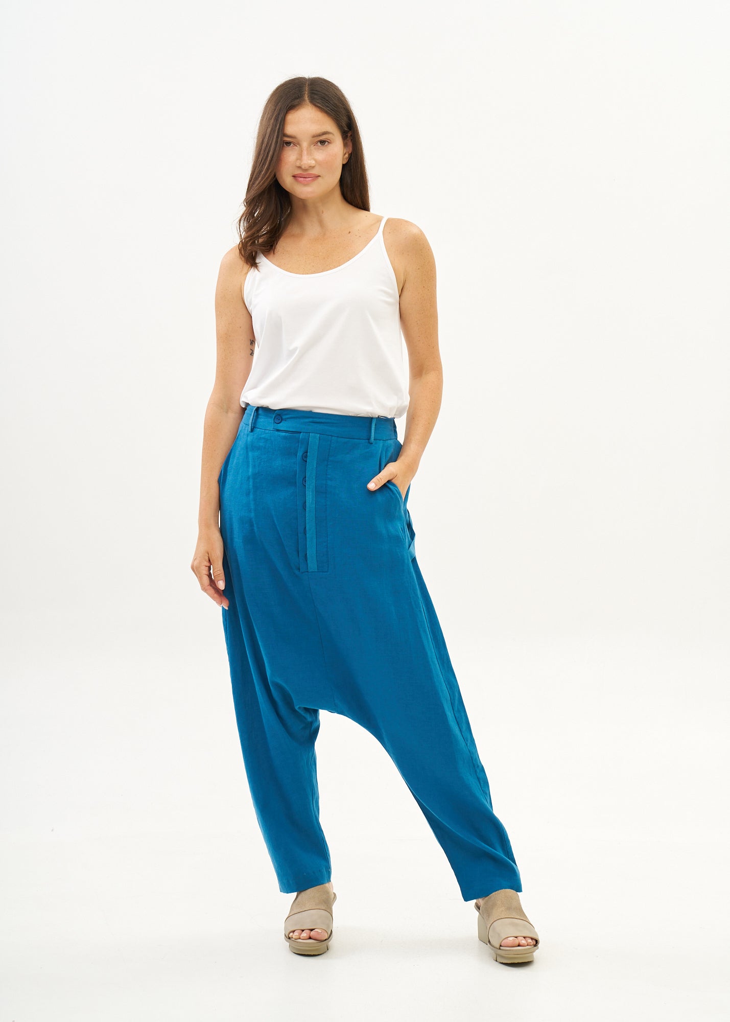 מכנסיים שקי פשתן כפתרה ארוכה כחול