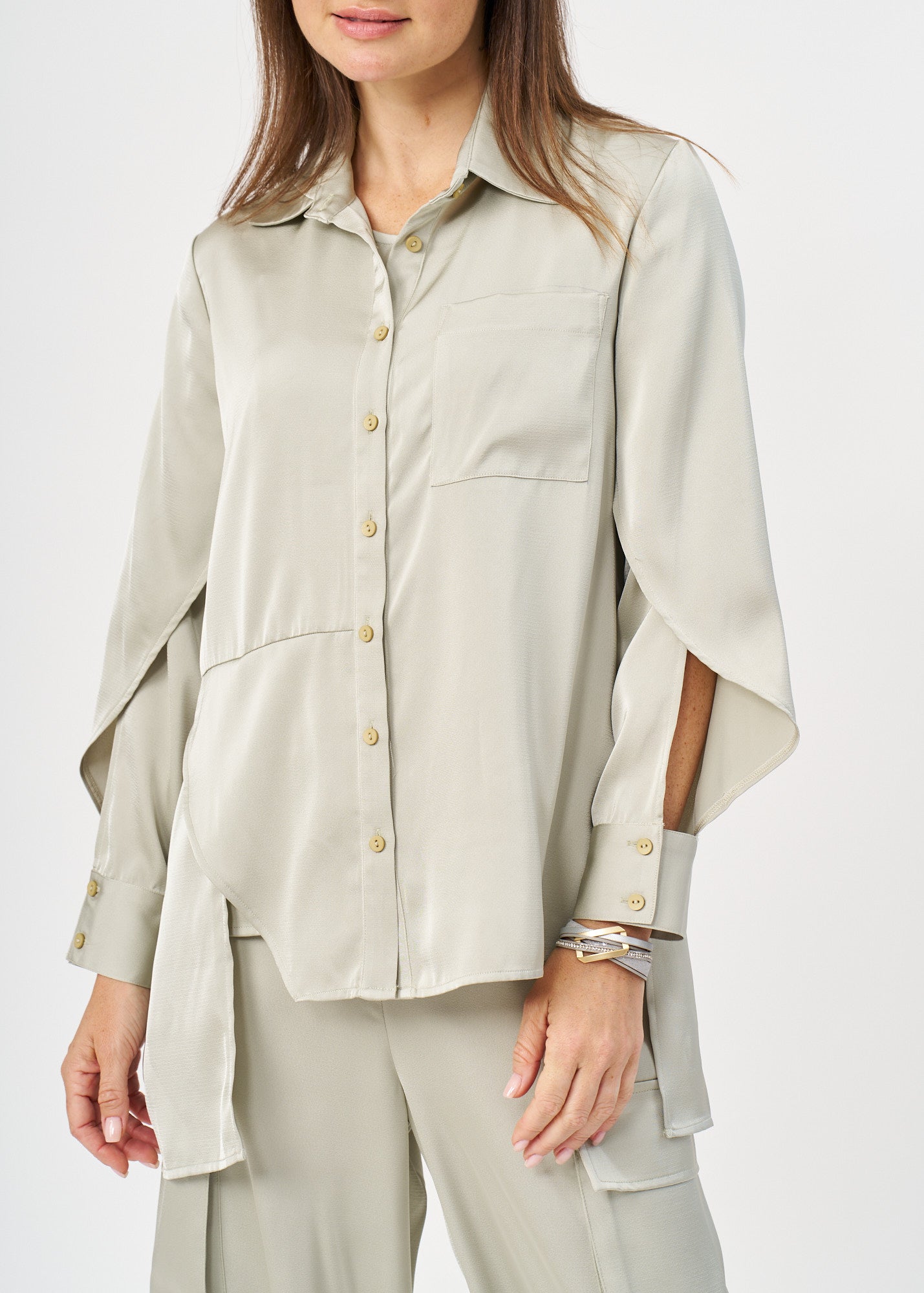 Green satin button-down shirt with open sleeves