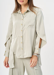 Green satin button-down shirt with open sleeves