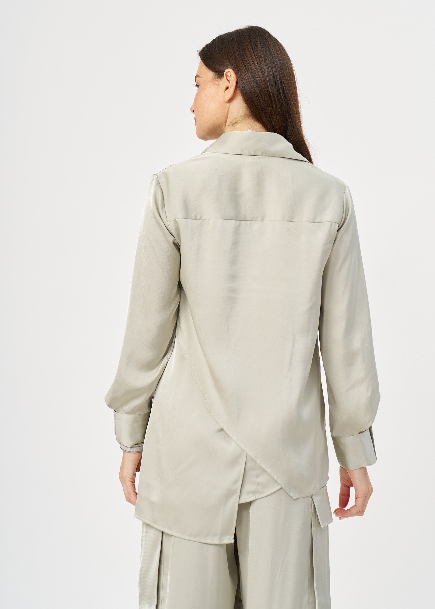 Green satin button-down shirt with open sleeves