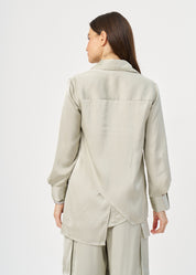 Green satin button-down shirt with open sleeves