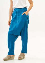 מכנסיים שקי פשתן כפתרה ארוכה כחול
