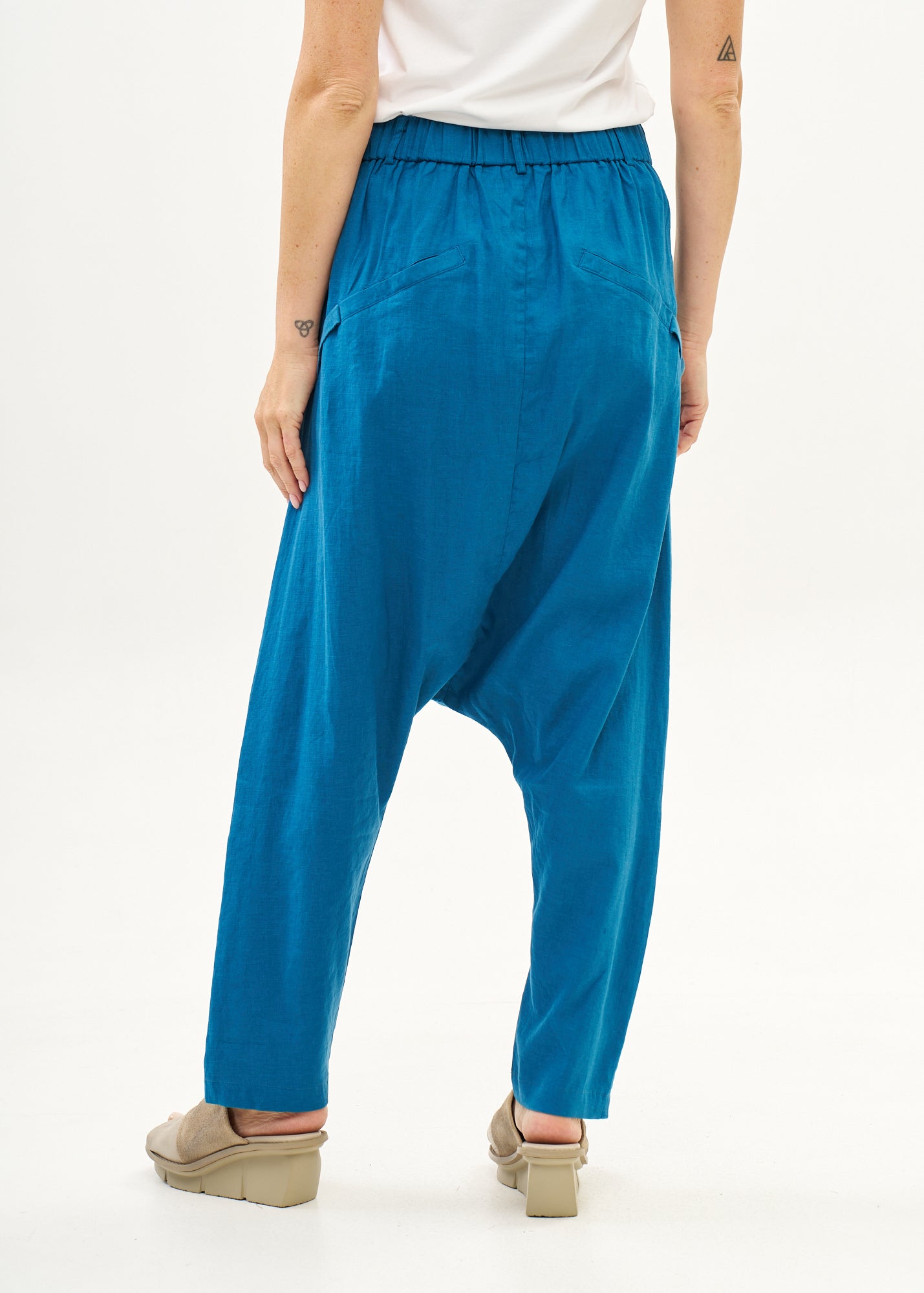 מכנסיים שקי פשתן כפתרה ארוכה כחול