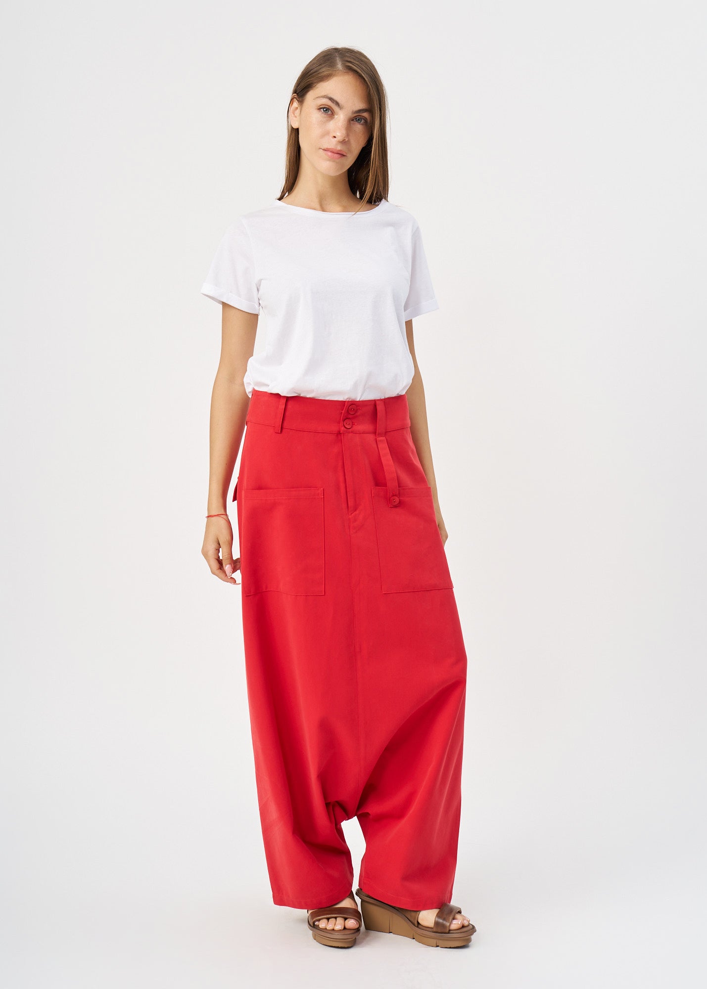 מכנסיים דמוי חצאית כיסים מרובעים אדום