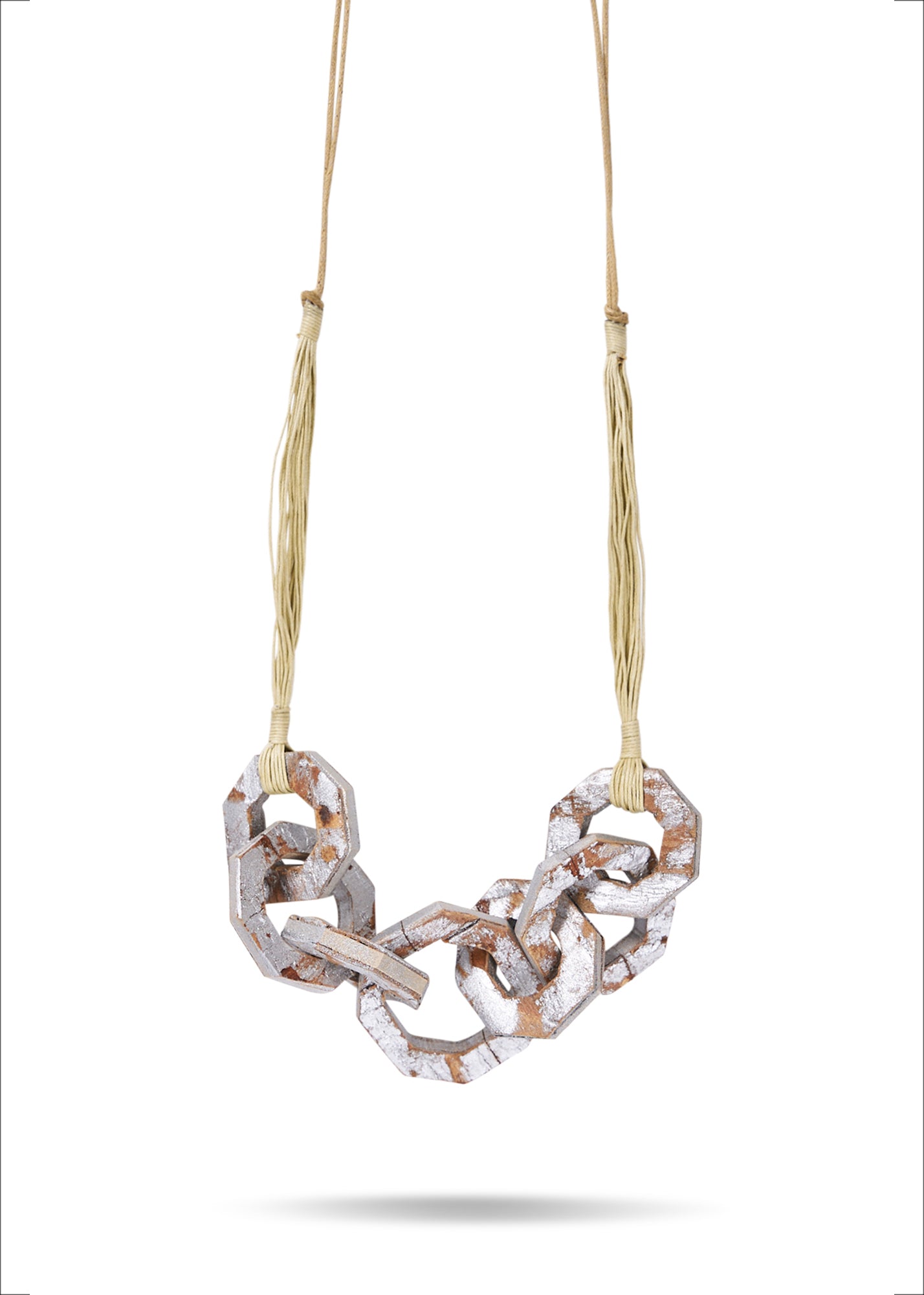 A chain of hexagonal loops made of wood and silver