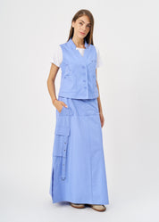 Blue button-up pleated pocket vest