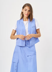 Blue button-up pleated pocket vest