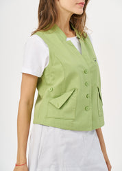 Green button-up pleated pocket vest