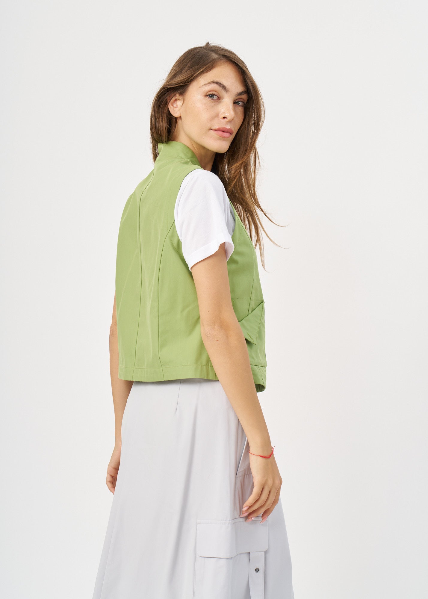 Green button-up pleated pocket vest