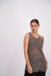 Tank top with X-stitches, fine mesh, gray wash