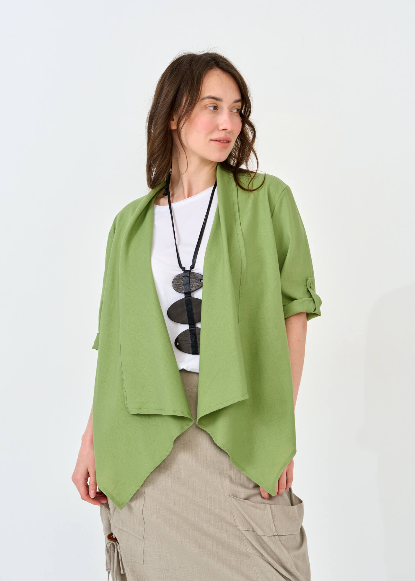 Green open linen top