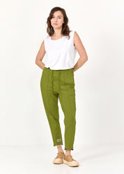 Pants seam in the middle and a green patch