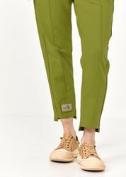 Pants seam in the middle and a green patch