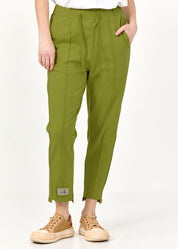 Pants seam in the middle and a green patch