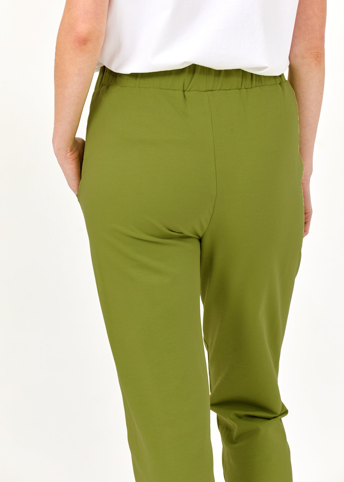 Pants seam in the middle and a green patch