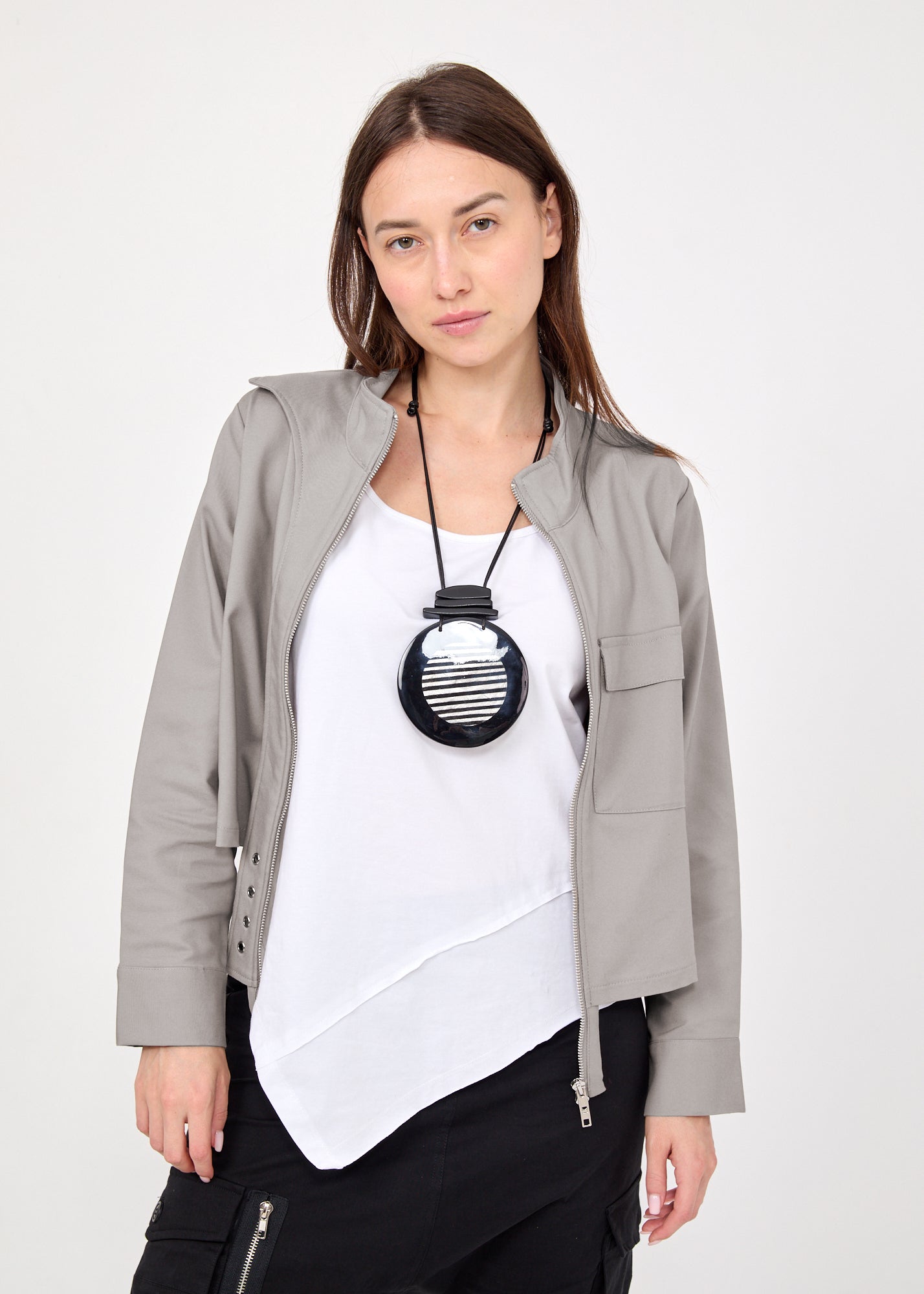 גקט אסימטרי רוכסן ארוך אפור בהיר