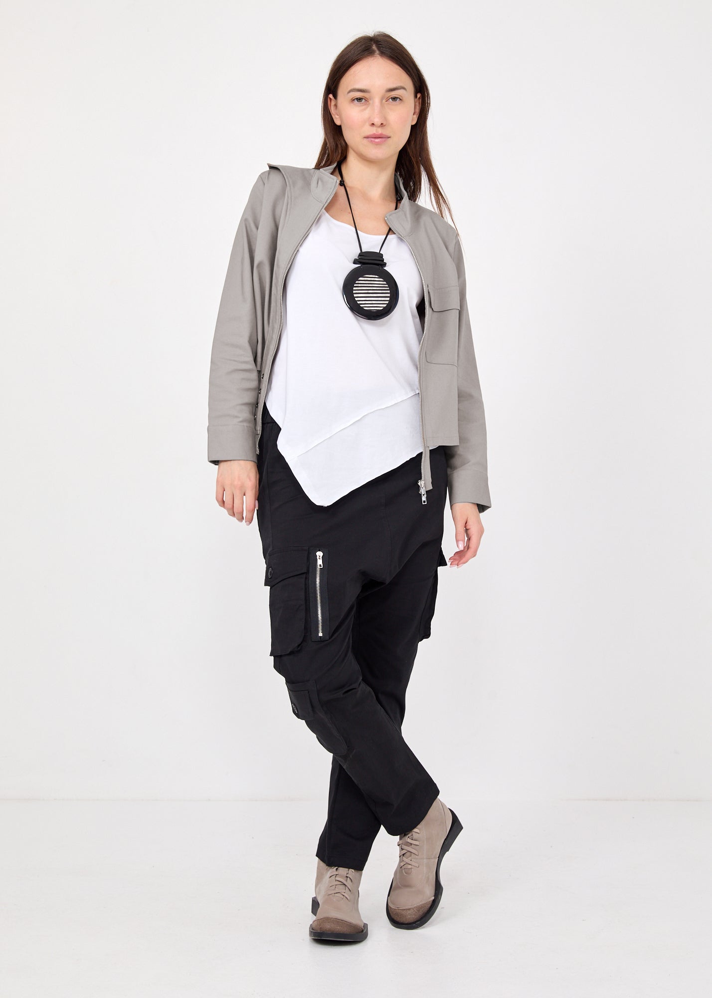 גקט אסימטרי רוכסן ארוך אפור בהיר