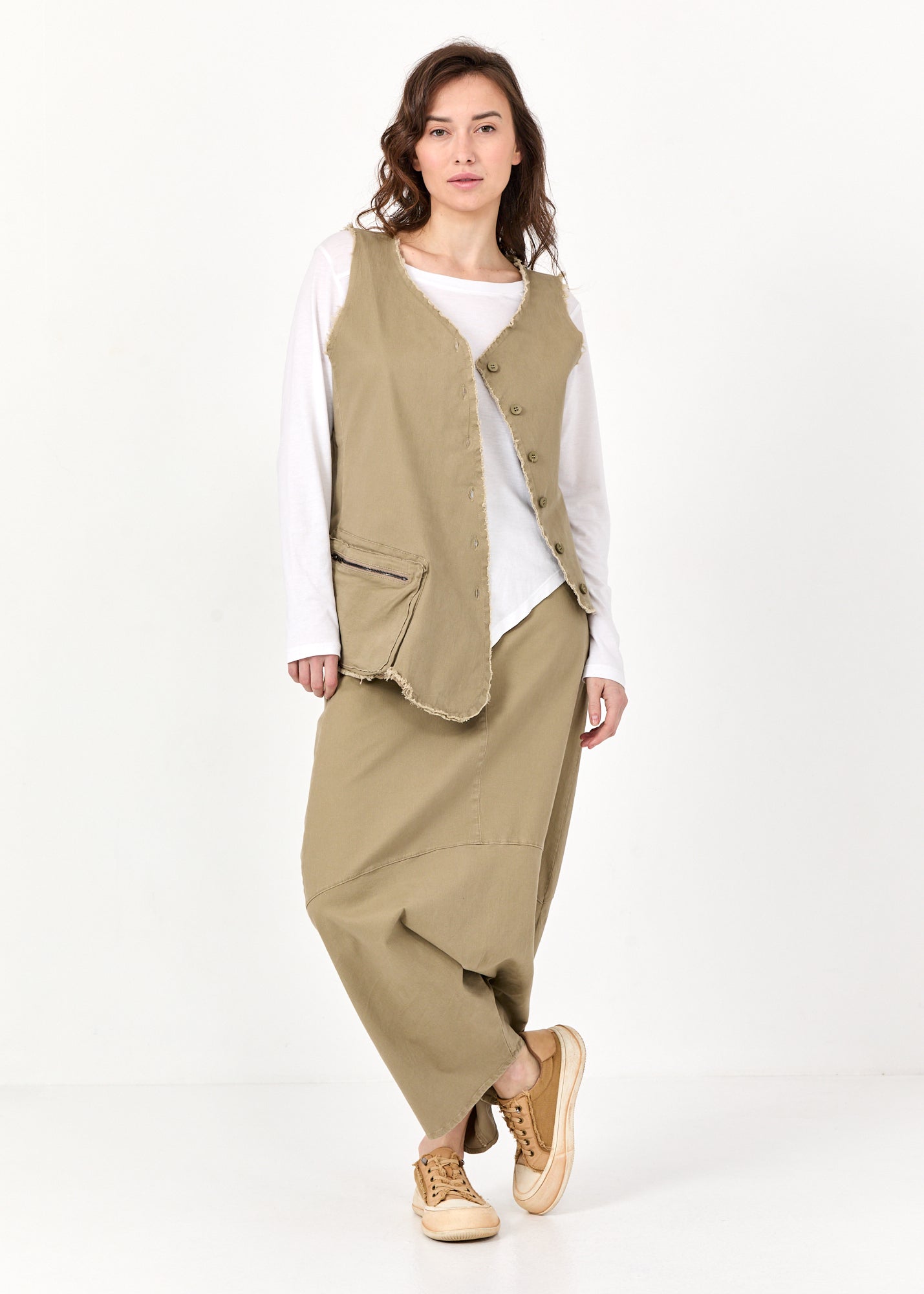 מכנסיים שקי דמוי חצאית שני כפתורים בז'