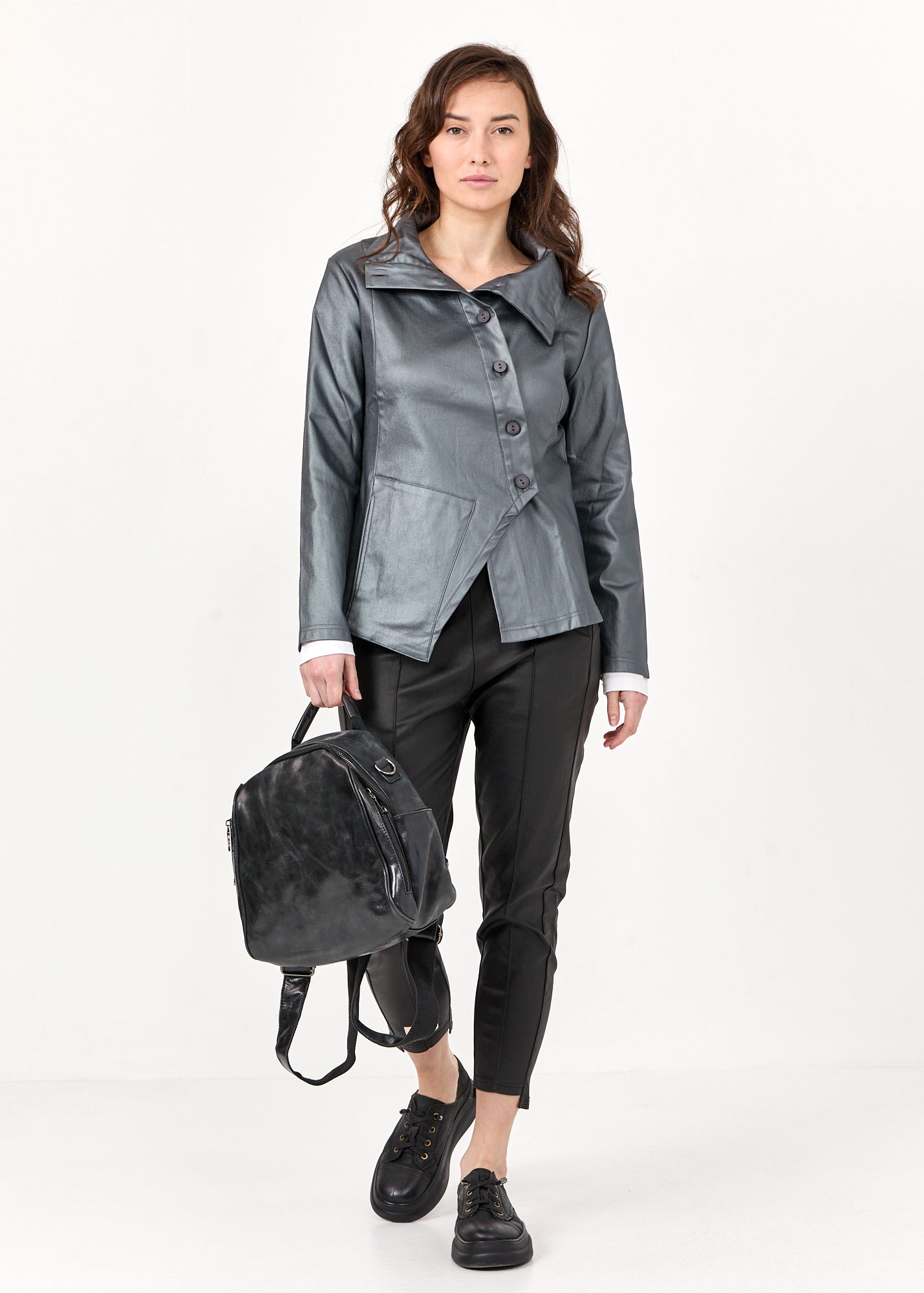 Leather-like jacket diagonal fold silver