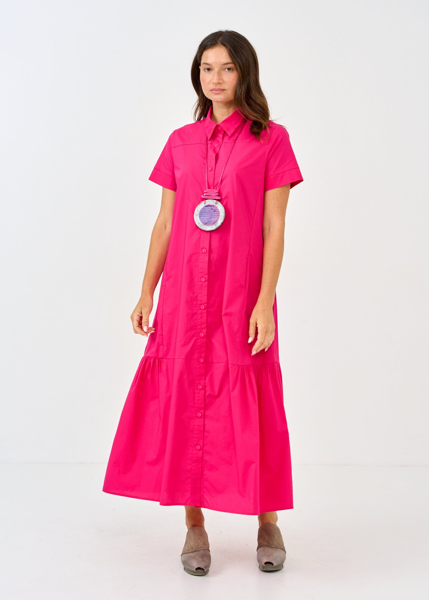 שמלה שרוול קצר כיווצים בצדדים ורוד פוקסיה